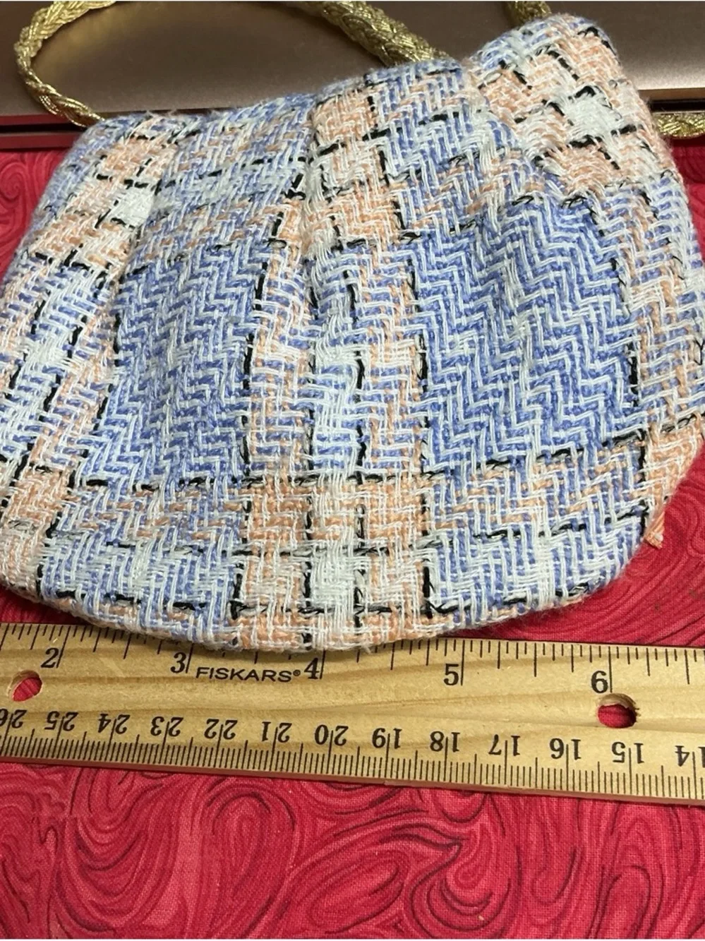 Girls Peach Bow Tweed Crossbody Purse with Pearl Accent